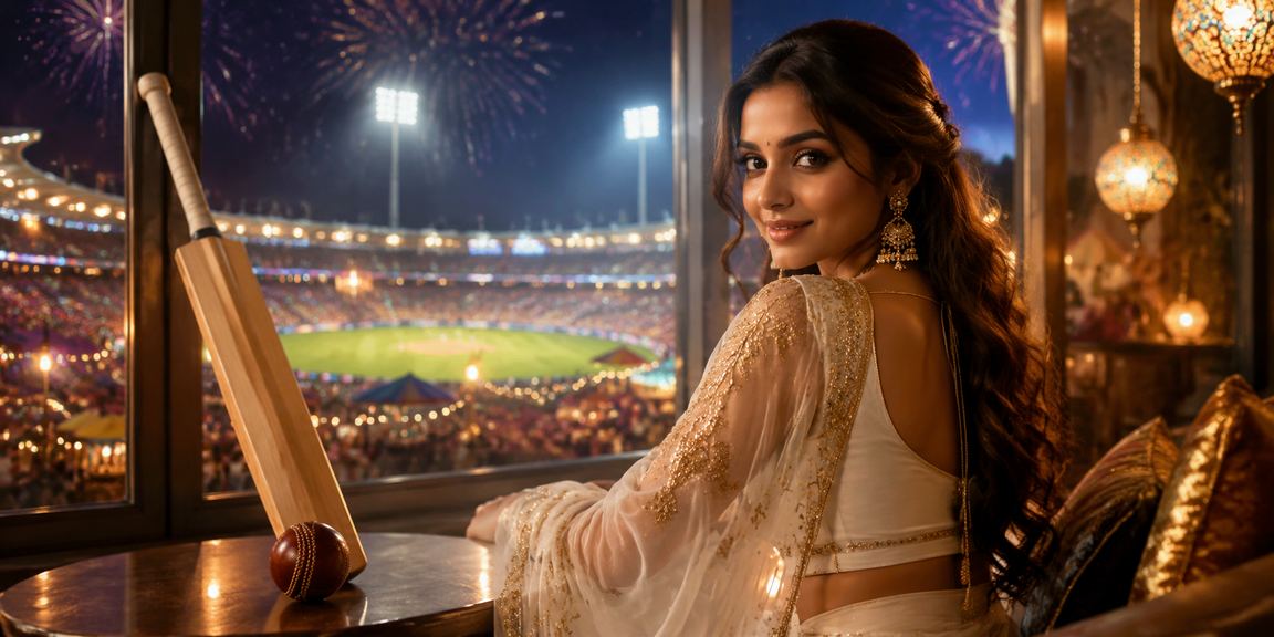 Indian woman enjoying cricket betting on mobile device in saree