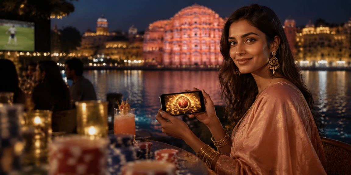 Evening cricket betting scene in Jaipur with Hawa Mahal in background